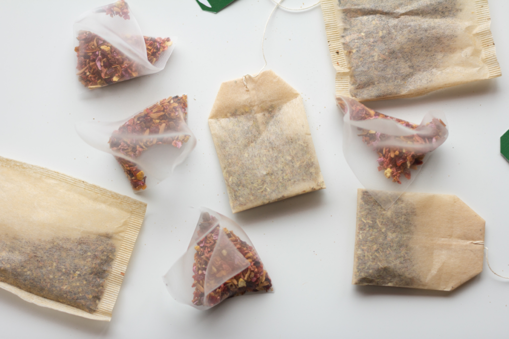 Various tea bags on a white background