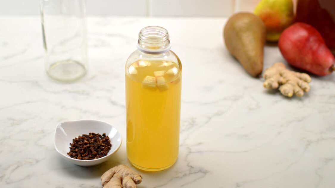 bottle of spiced pear kombucha