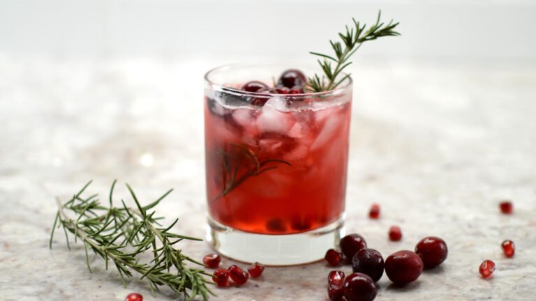 glass of cranberry pomegrante kombucha mocktail