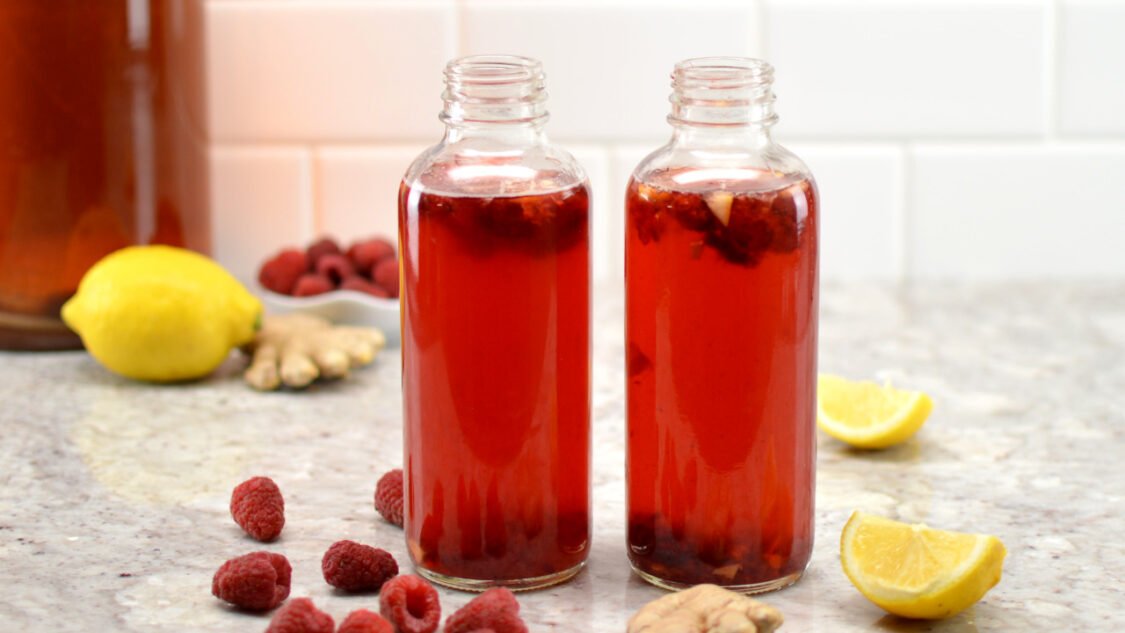 bottles of raspberry gingerade kombucha